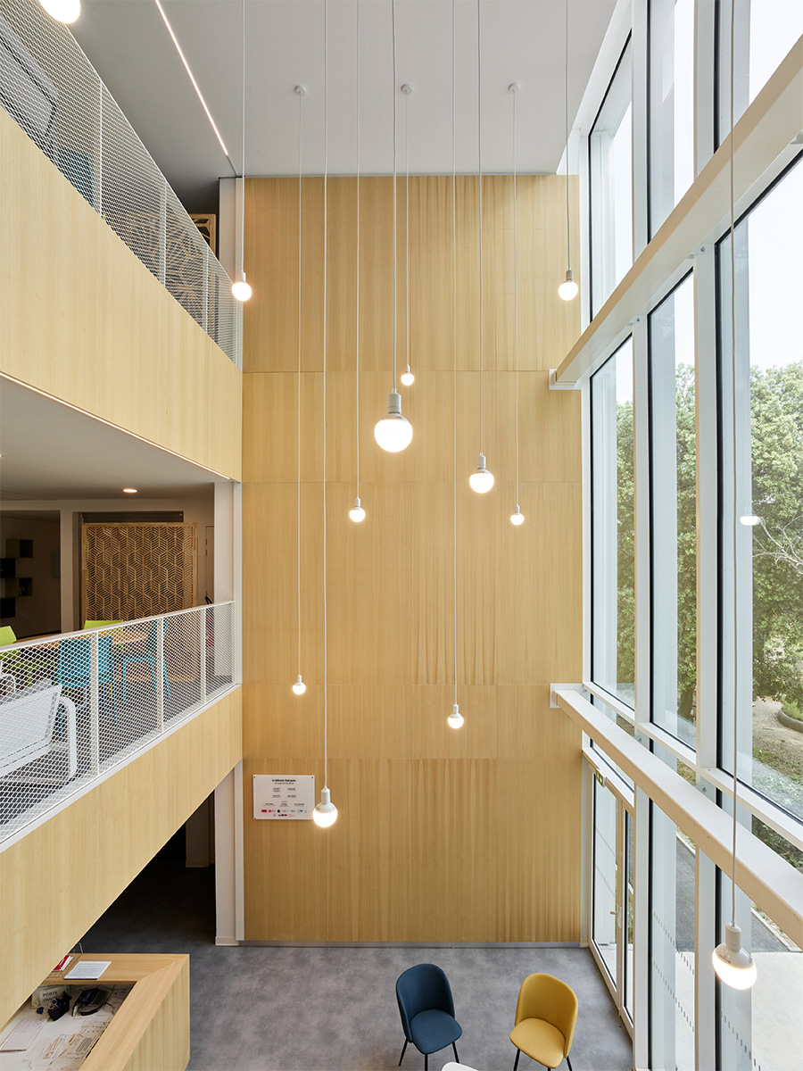 Photographie depuis le 1er étage de le mezzanine donnant sur l'espace du hall d'accueil, face à un mur en bois clair éclairé grâce au vitrage tout hauteur à droite