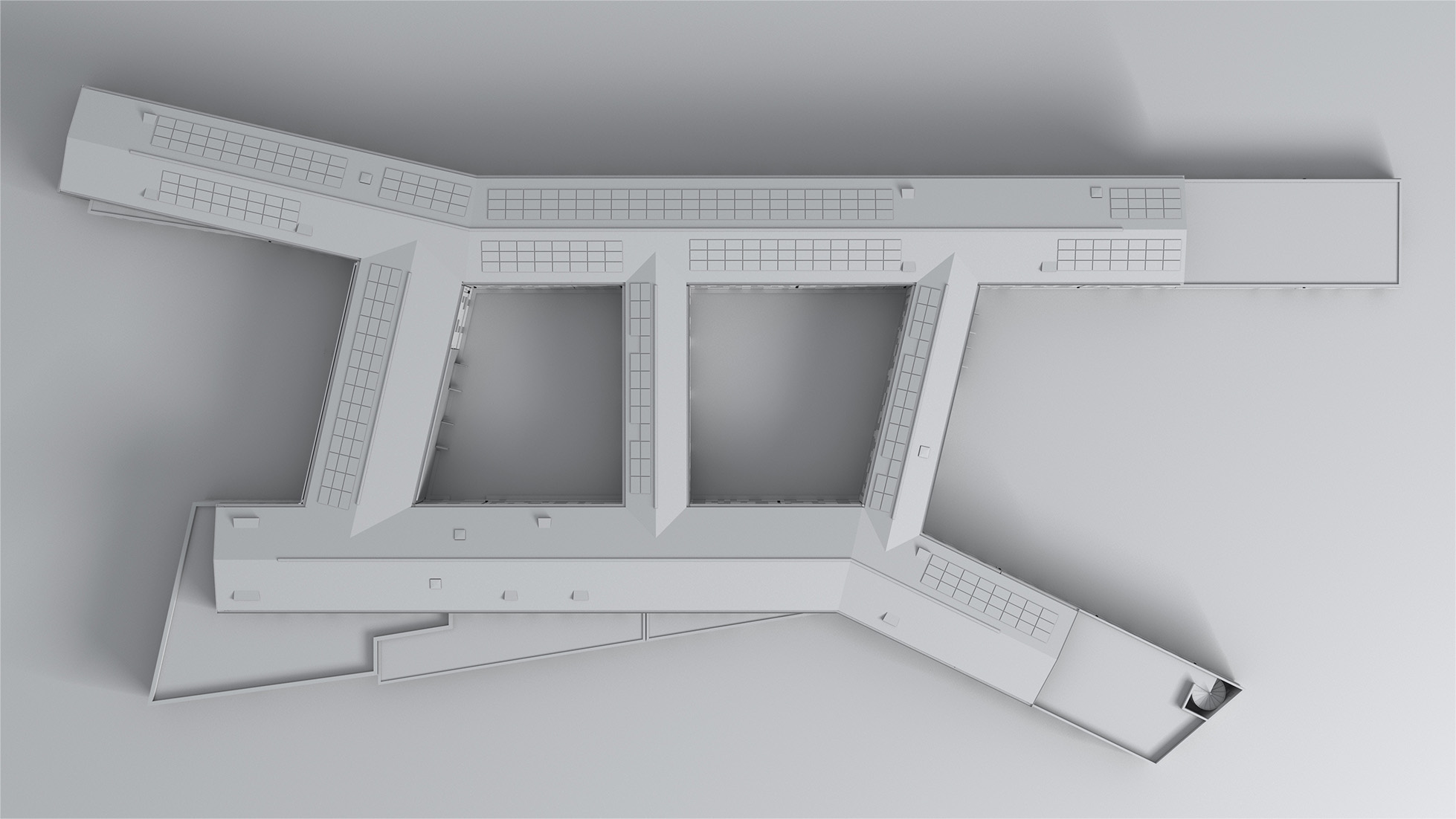 Perspective 3D niveau de gris, style maquette blanche vue plan de masse, forme du bâtiment en H avec 3 branches au milieu du H, panneaux solaires sur certains pans de toiture