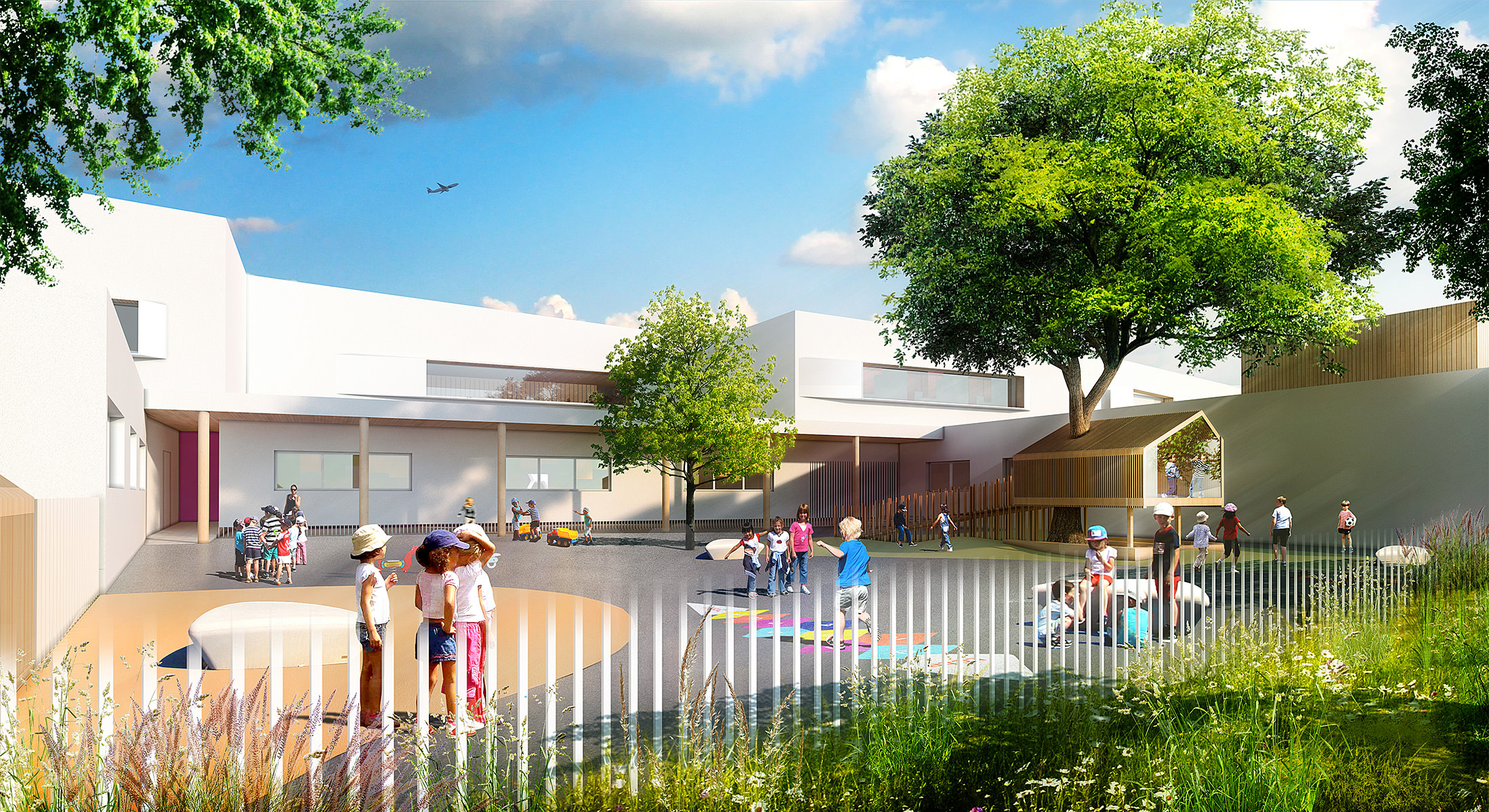 Perspective de la cour avec des jeux et des arbres du groupe scolaire de Piquepeyre