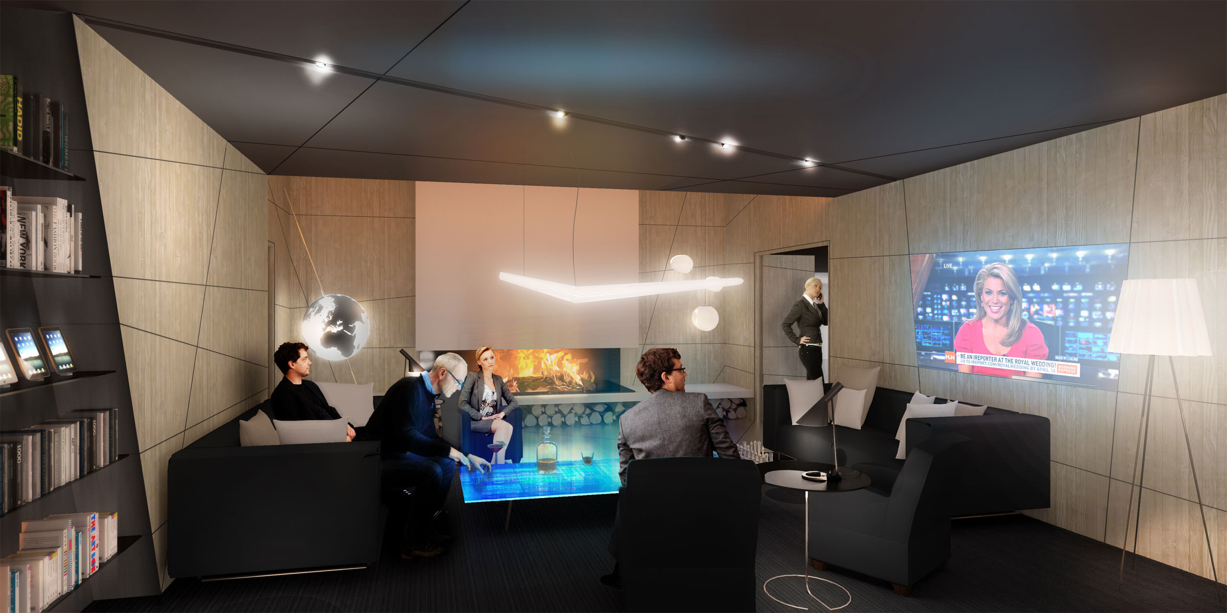 Perspective d'une salle lounge, murs bois, cheminée et luminaires chaleureux