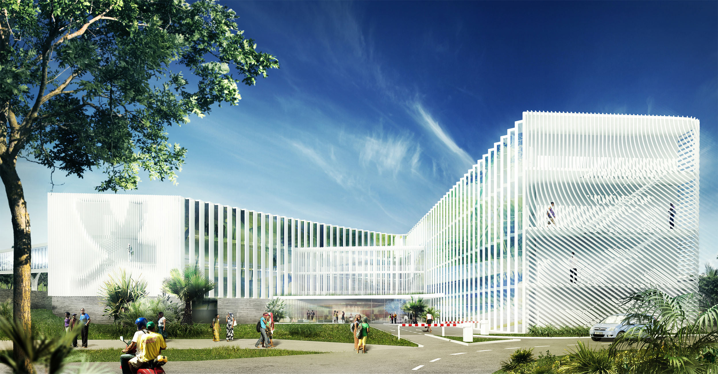 Perspective de l'entrée du bâtiment, rythme des lames blanches qui dévoile les silhouettes des utilisateurs