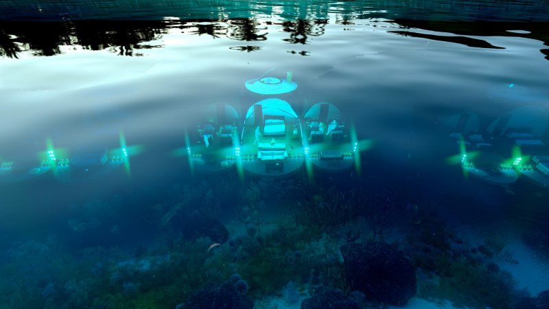 Perspective de la surface de l'eau avec par transparent la chambre sous-marine