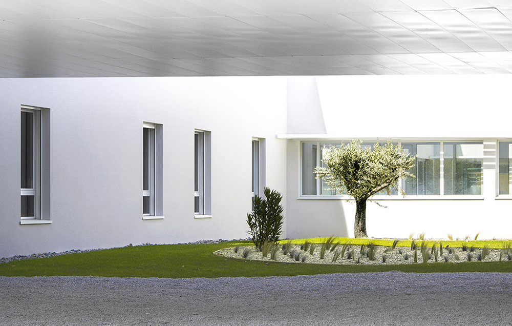 photographie de l'intérieur du patio végétalisé et minimaliste, ambiance zen