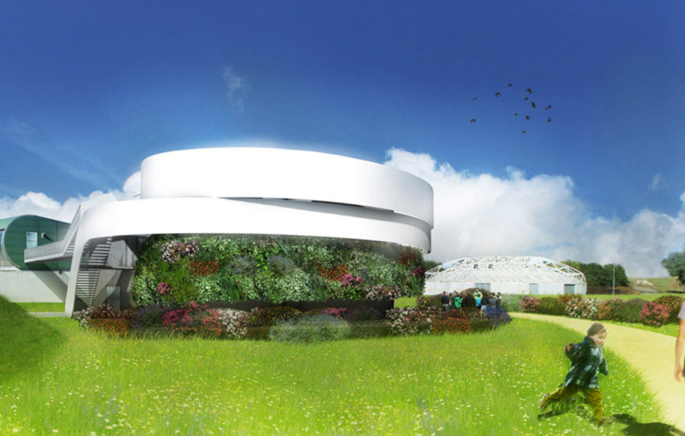 Perspective du bâtiment aux formes rondes, avec un soubassement végétal