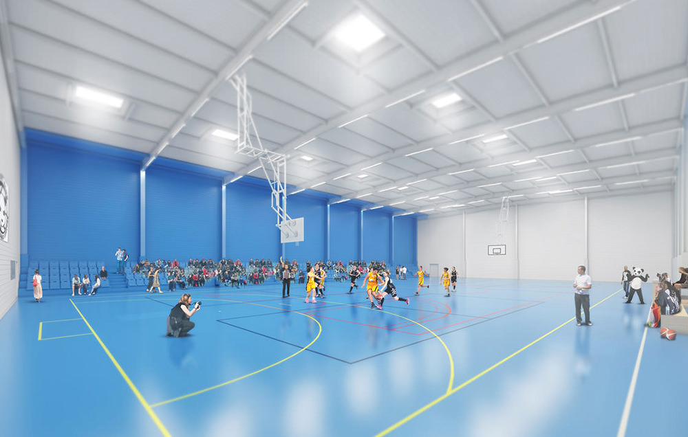 Perspective de l'intérieur du gymnase blanc et lumineux, sol et mur des gradins de la même couleur bleu