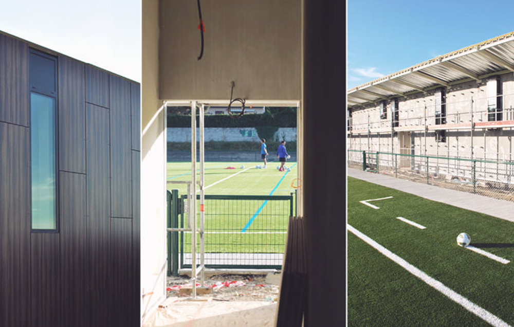photographie de 3 différents lieux du complexe sportif, terrain, vestiaire et tunnel