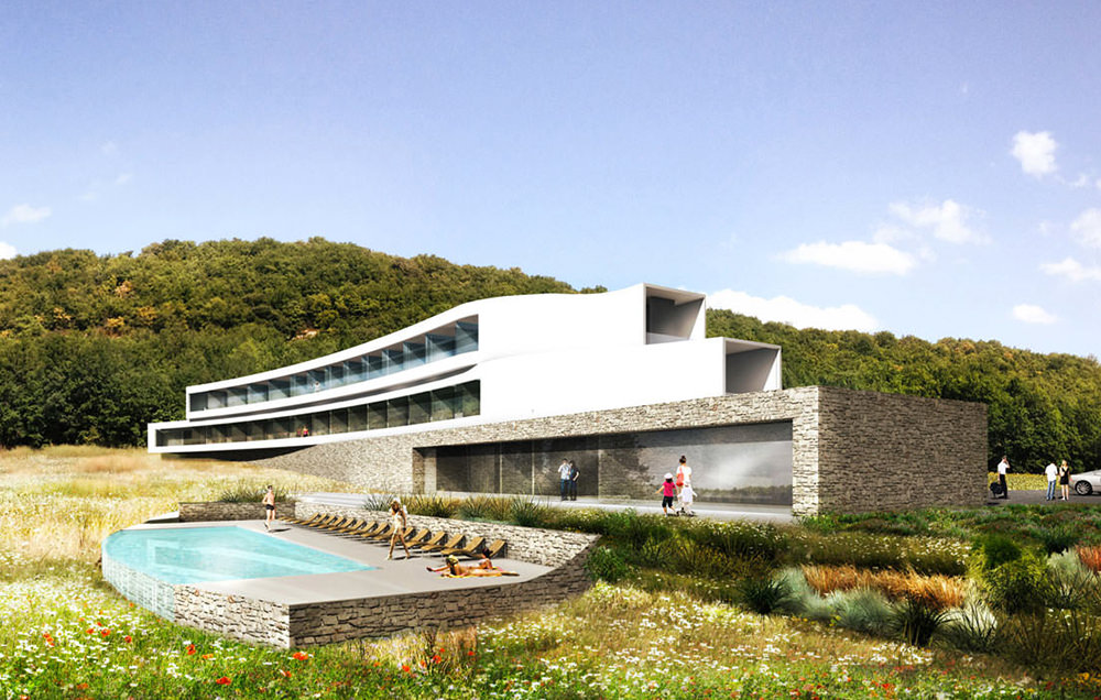 Perspective de l'hôtel côté piscine, rdc en pierre et les 2 étages en blanc, fenêtres bandeaux