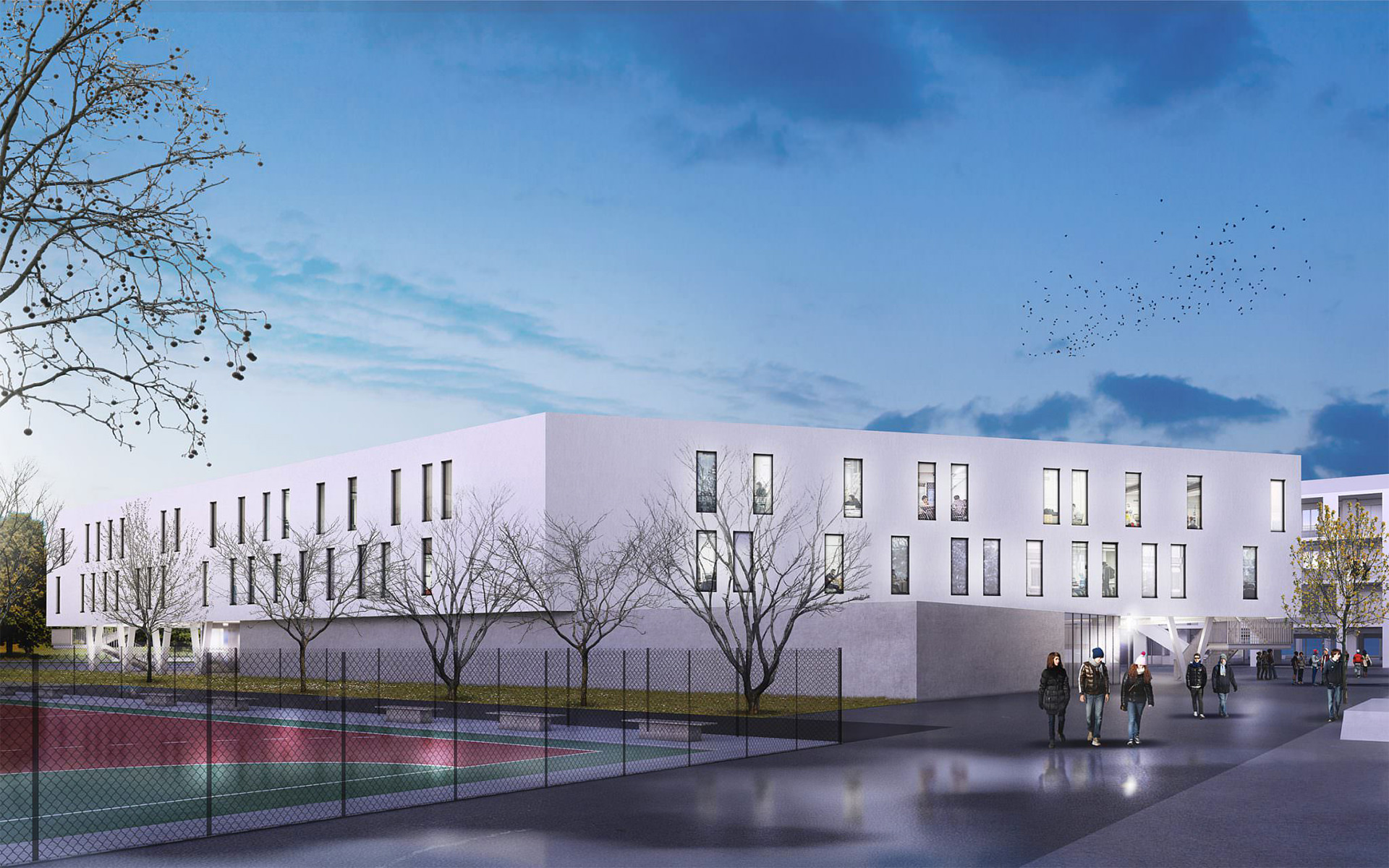 Perspective du lycée de Muret à la sortie des classes en hiver