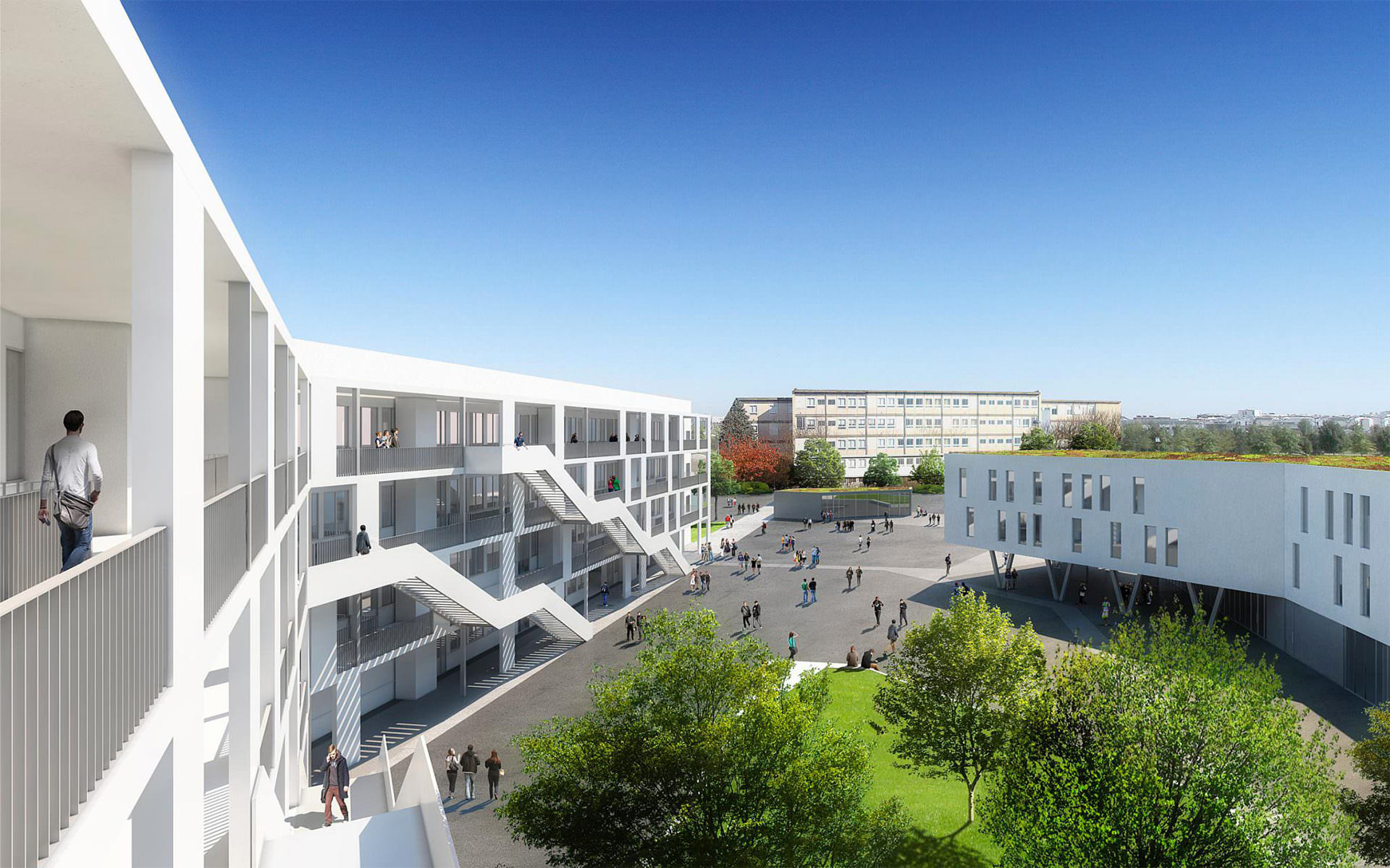 Perspective du lycée de Muret depuis l'escalier du dernier étage, vue sur la cour intérieur et le jardin