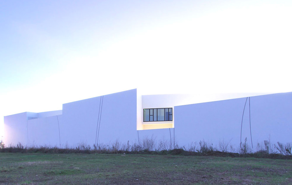 Photographie d'une façade avec dans l'ombre bleu de la matinée, végétation au premier plan