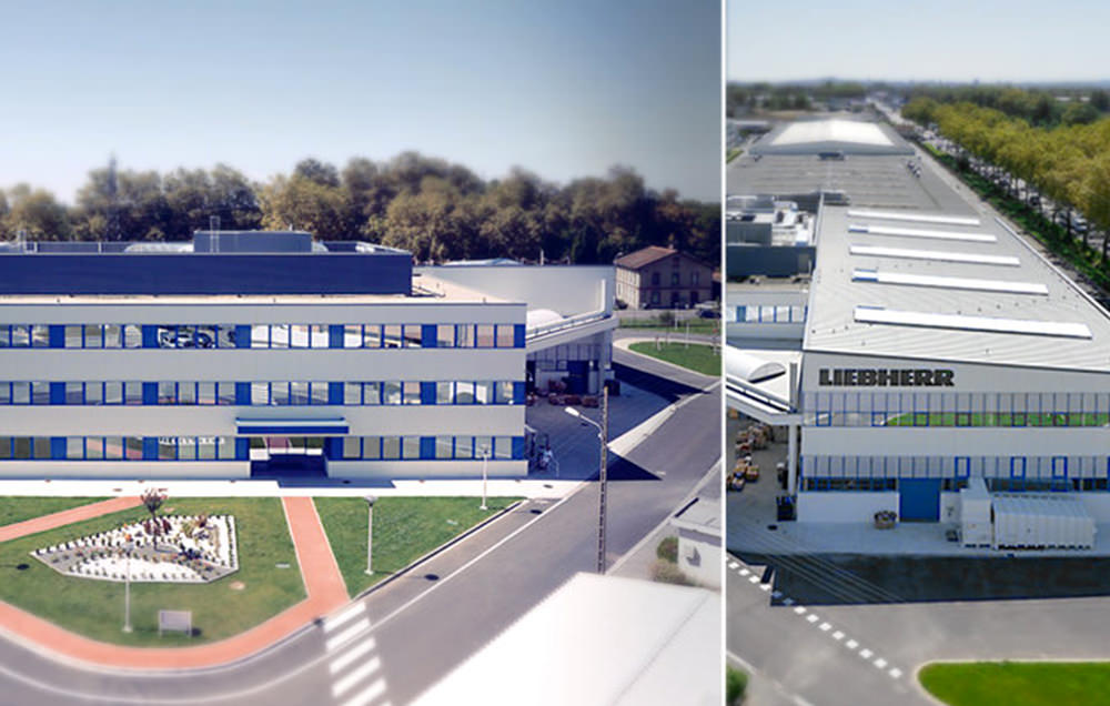 Photographie de drone du bâtiment blanc et bleu de Liebherr, deux vues