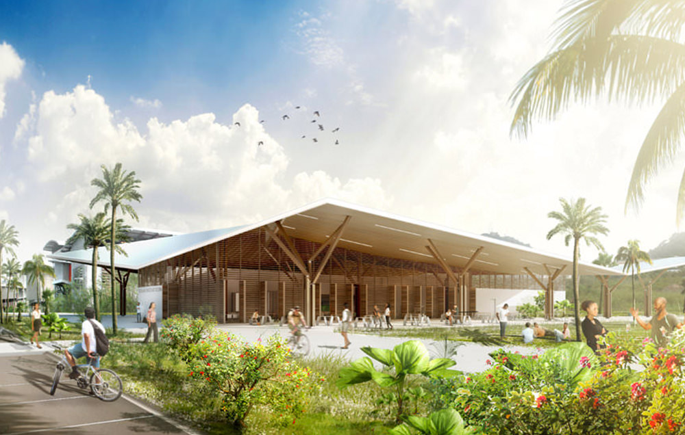 Perspective du bâtiment avec son grand auvent soutenu par des poteaux bois, végétation au 1er plan