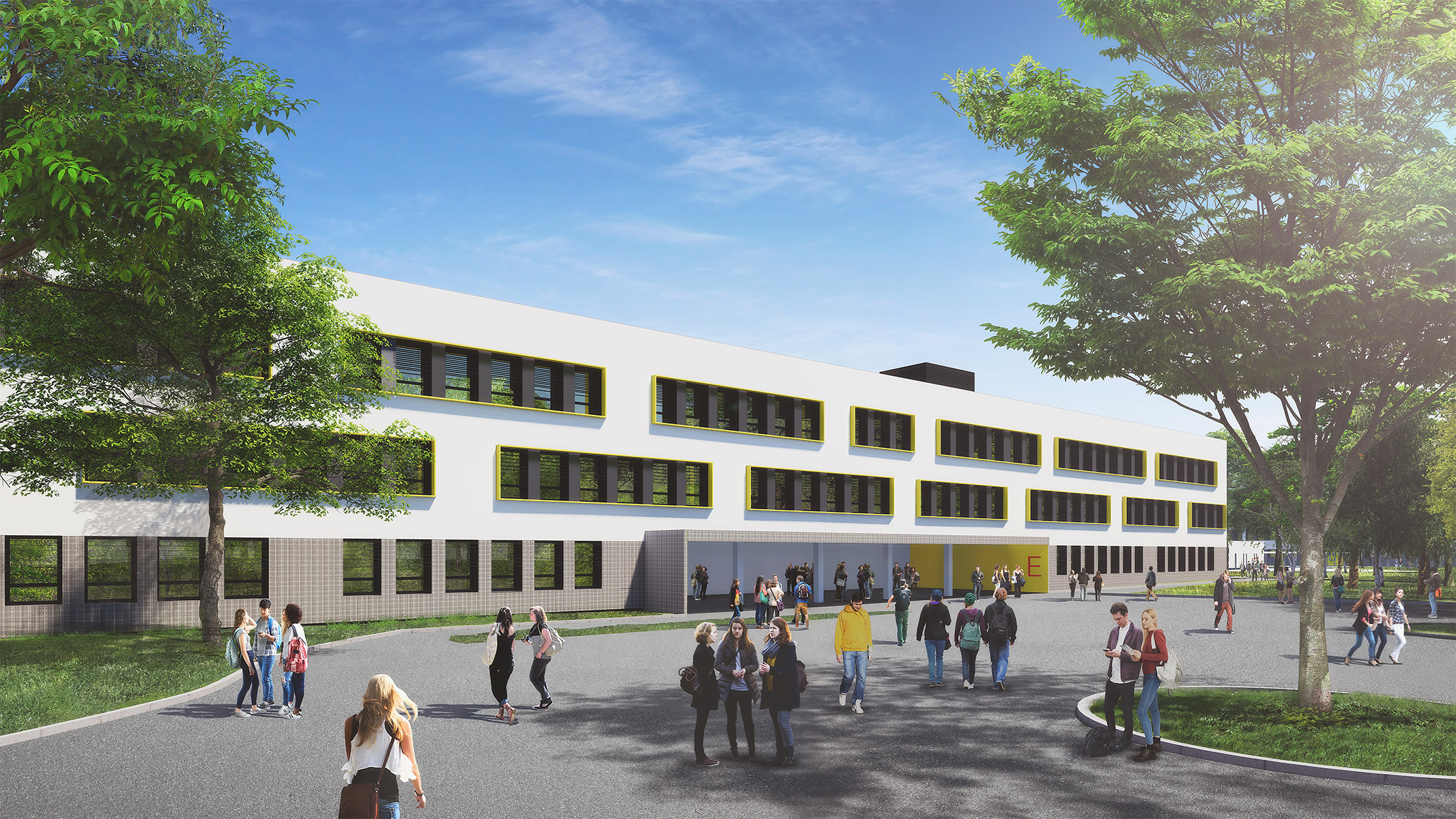 Perpective de la cour du lycée Marie Curie, bâtiment blanc avec fenêtres gris anthracites et coutour jaune
