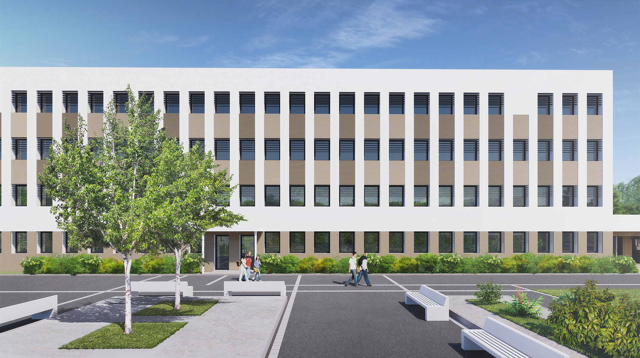 perpective de la façade blanche du bâtiment Langevin su trois niveaux, l'alignement verticale des fenêtres est renforcé par deux teintes terre en alternance