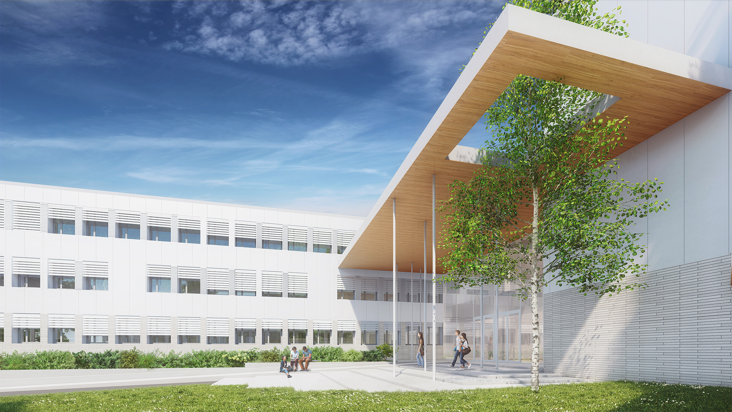 Perpective extérieure du hall d'accueil du lycée Mounier depuis l'espace vert, bâtiment blanc et auvent de l'accueil en bois