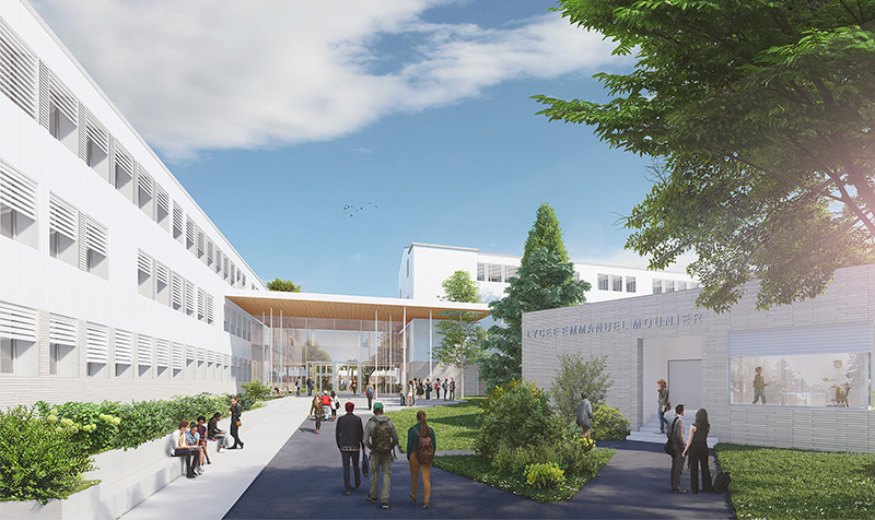 Perpective dépuis l'intérieur de la cour, en face de l'entrée, du lycée Emmanuel Mounier