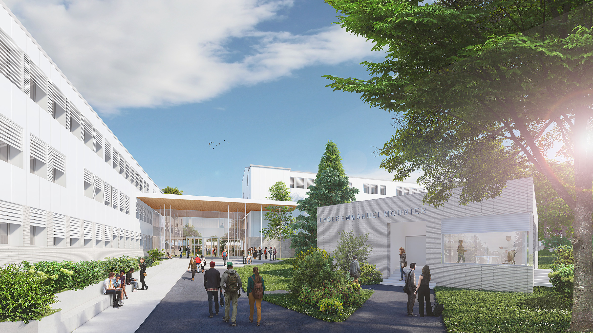 Perpective dépuis l'intérieur de la cour, en face de l'entrée, du lycée Emmanuel Mounier