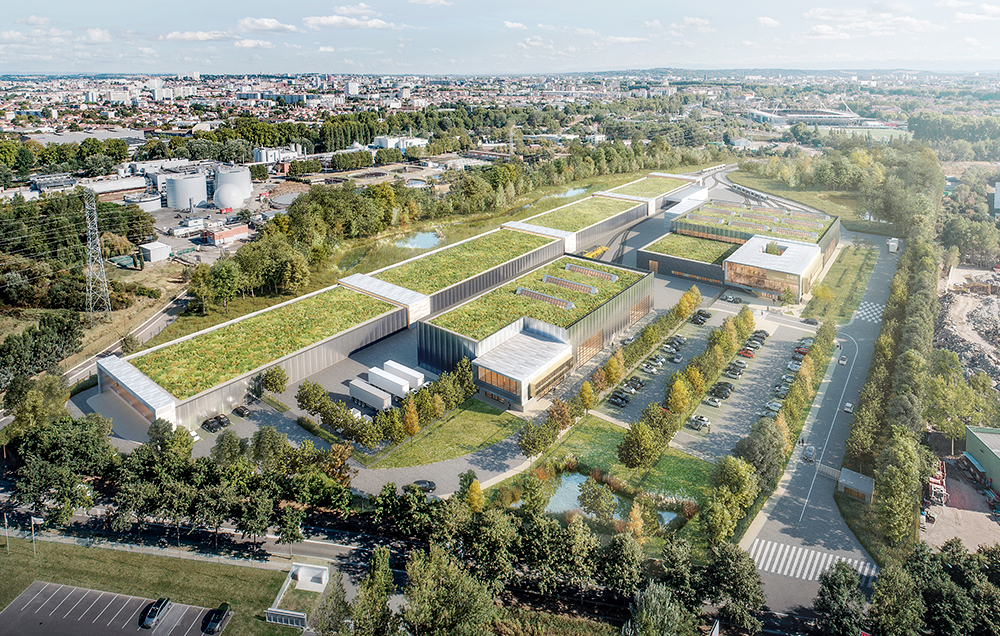 Perpective 3D aérienne de Toulouse Aerospace express, plusieurs bâtiments avec une toiture végétalisée se fondent dans le paysage boisé