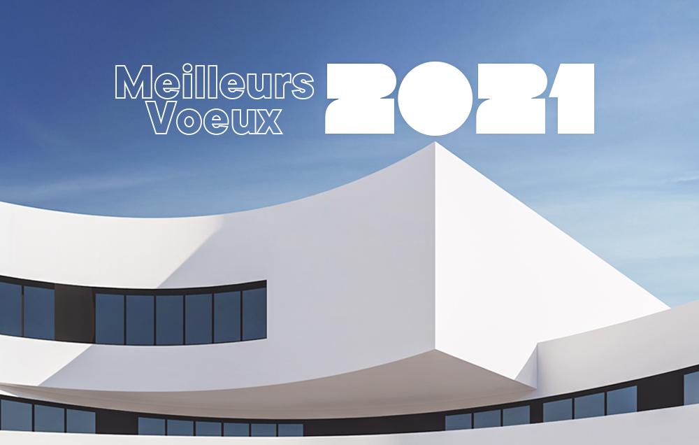 Perspective 3D de l'école de guillermy blancheavec sa facade courbe avec le texte "Meilleurs voeux 2021" sur fond de ciel bleu.