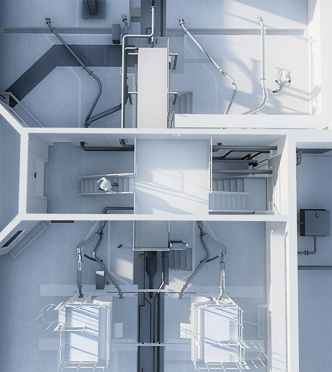 Perspective aérienne des installations techniques de l'intérieur du bâtiment