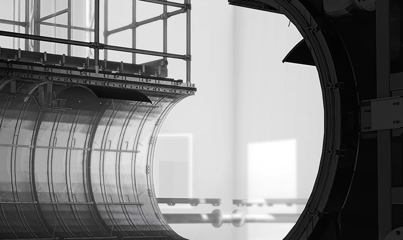 Perspective d'un détail technique noir et blanc de l'intérieur de l'ONERA