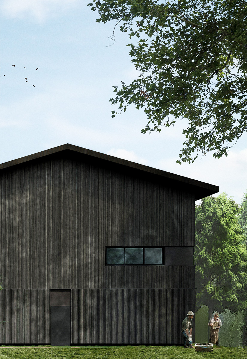 Une façade bois épurée Perspective verticale d'une partie du chai à l'ombre des arbres