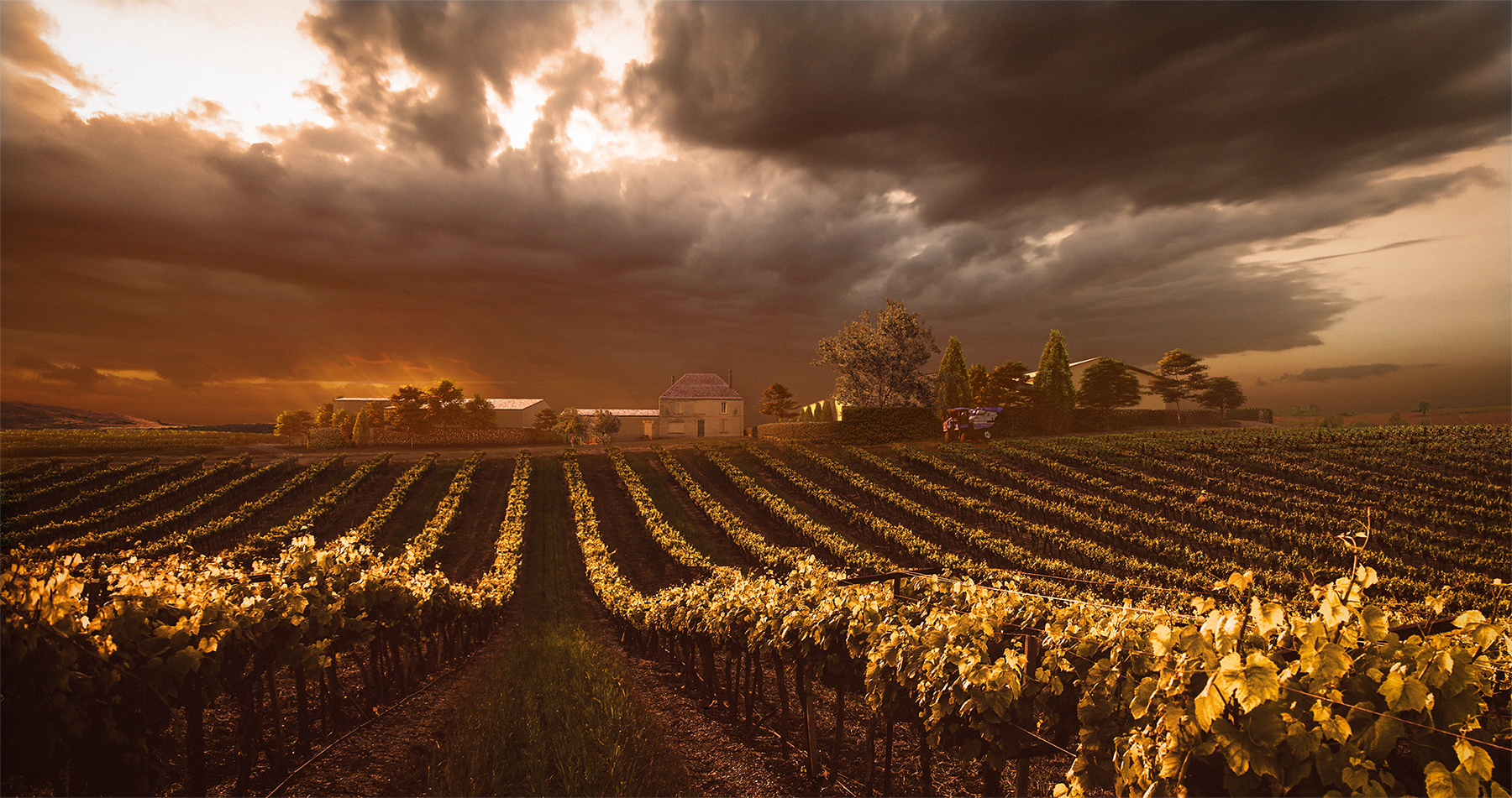 Perspective 3d depuis les champs de vigne sur le domaine au loin, par temps orageux, ambiance ocre