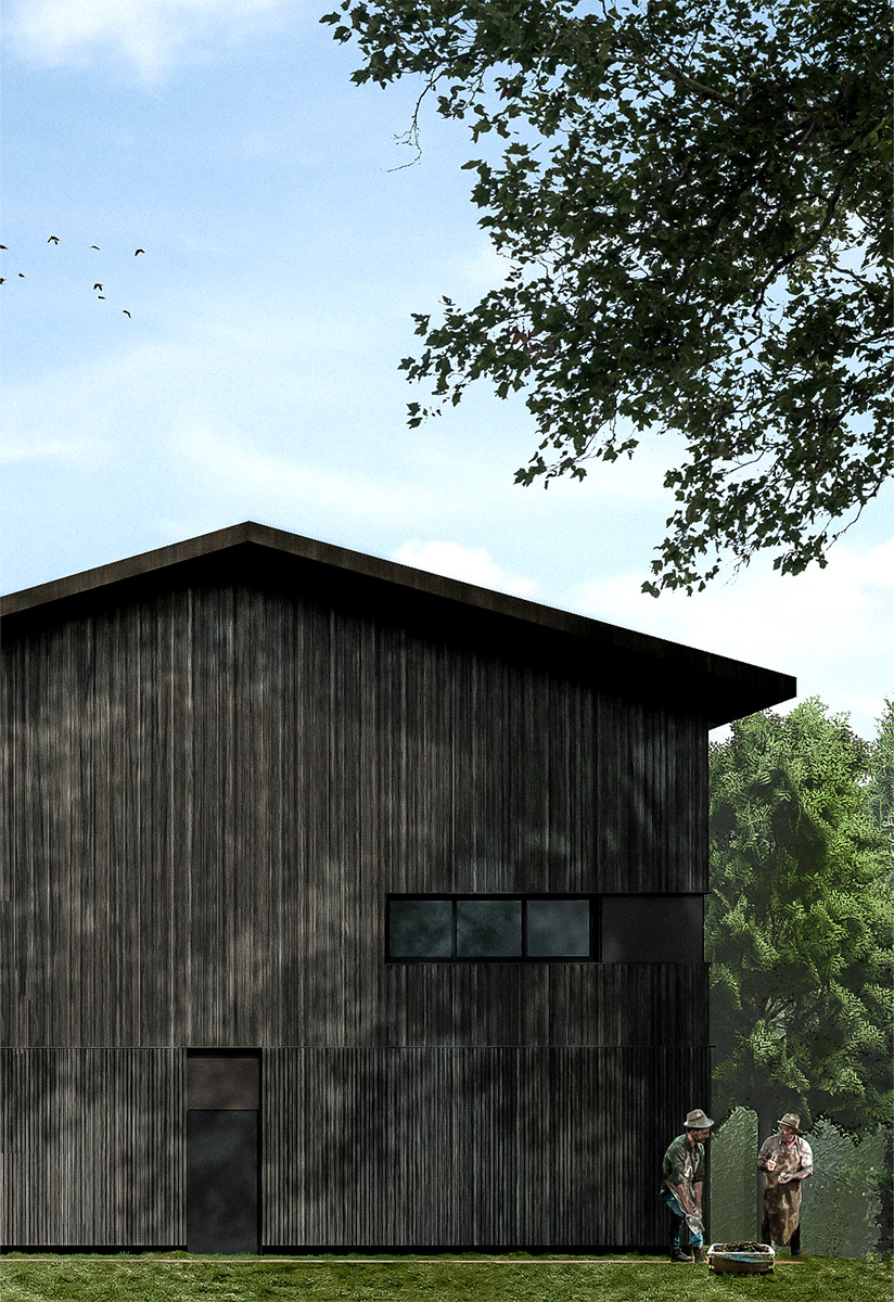 Perspective 3D d'un bout de la façade tout en bois, arbre ombragé sur le côté droit, adossé à la façade deux ouvriers