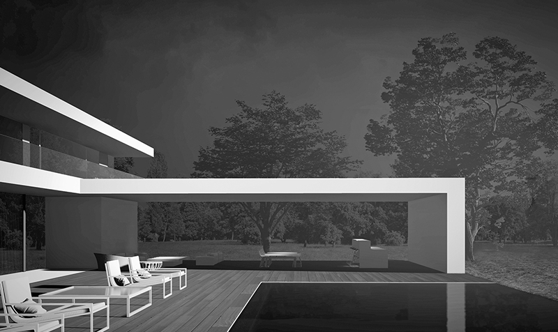 Perspective noir et blanc de la vue piscine et auvent béton rectangulaire