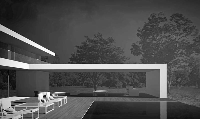 Perspective noir et blanc de la vue piscine et auvent béton rectangulaire