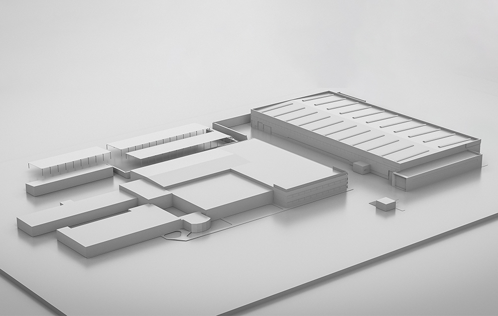 Perspective style maquette blanche du futur hall industriel de Liebherr-Aerospace