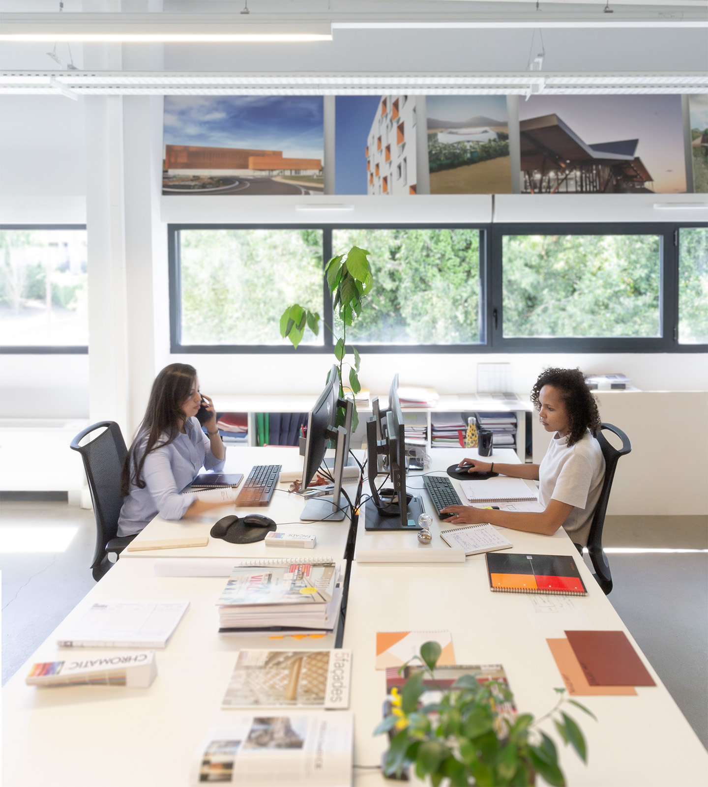 Photographie de deux architectes travaillant sur leur bureau face à face, vue sur le parc végétalisé à travers la fenêtre bandeau