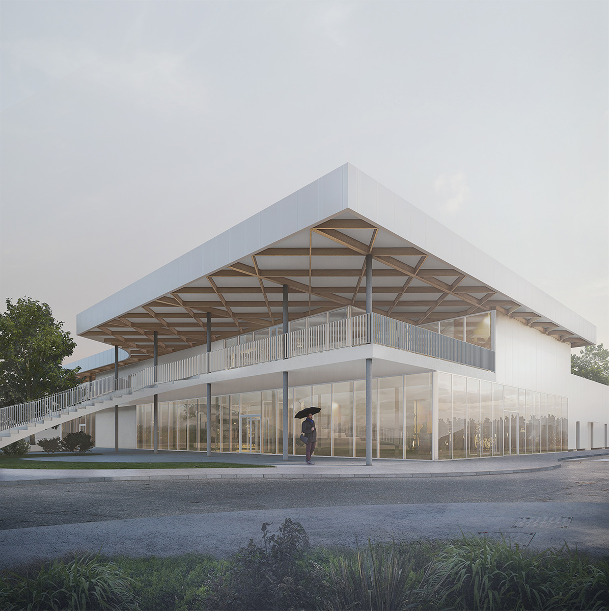 Perspective 3D de l'ensemble du bâtiment de trois quart sur l'arrête, escalier en courbe concave menant à la terrasse auvent au R+1, et RDC vitré sur l'espace de la cantine avec ouverture sous l'escalier