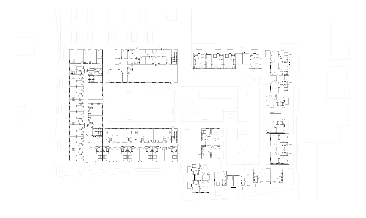 Dessin au trait noir et blanc, du plan RDC, bâtiment en U et multiples petits logement en face