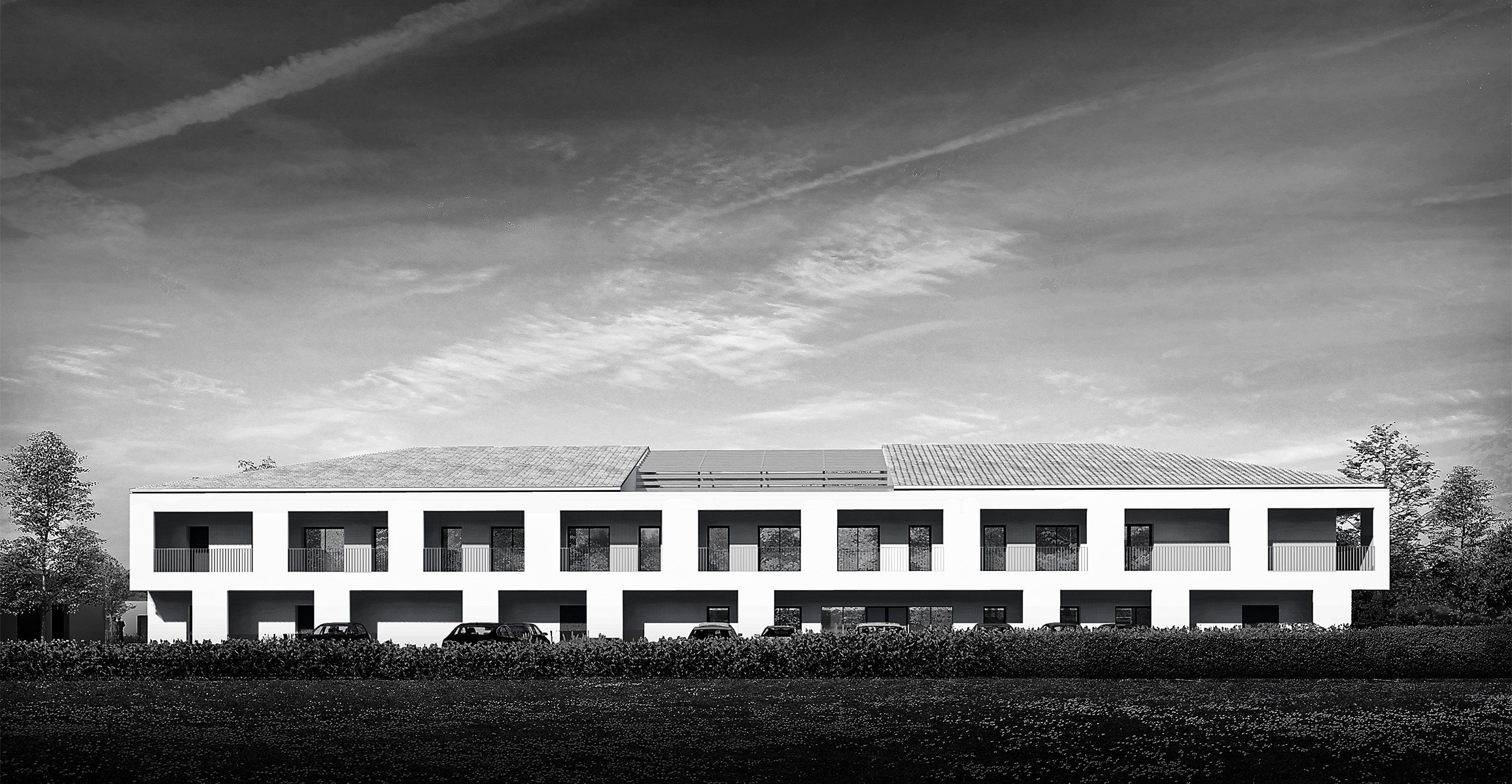 Perspective 3D noir et blanc de la facade de loin depuis la végétation