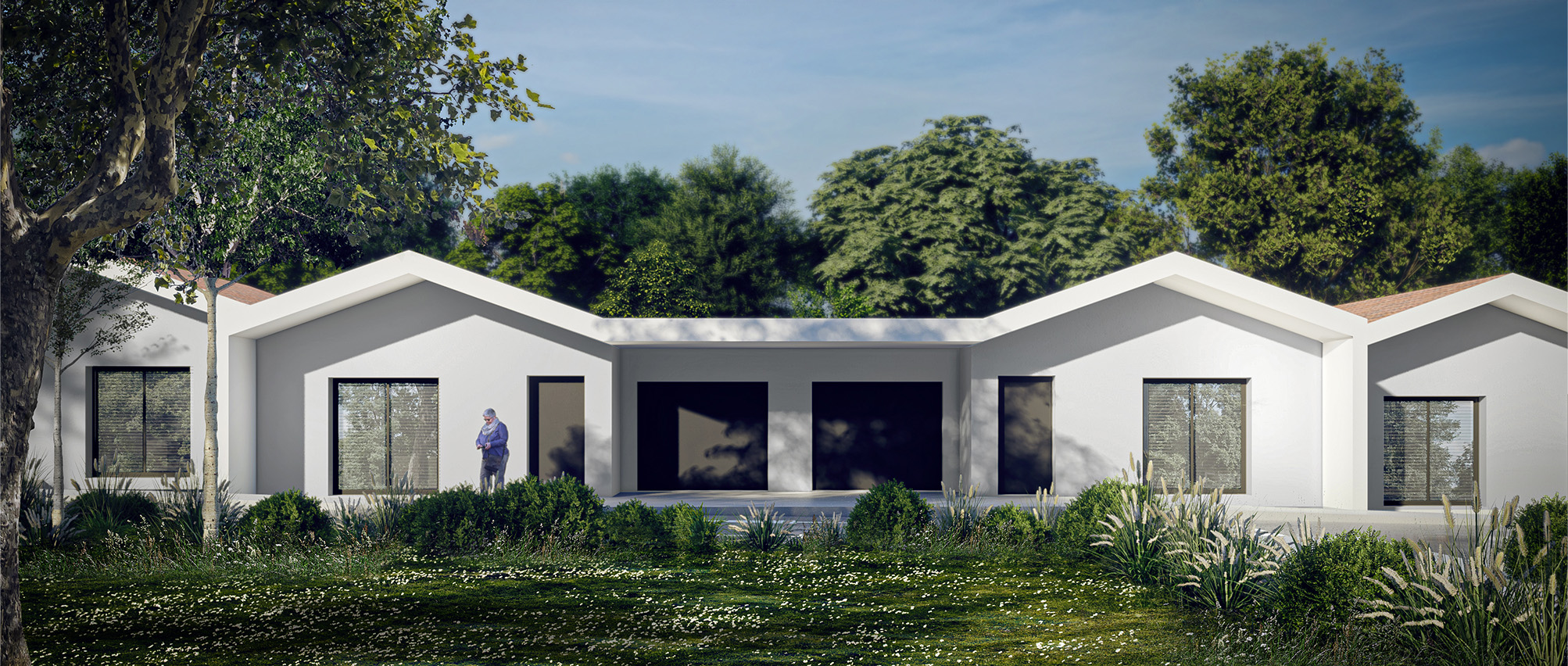 Perspective 3D de plusieurs façades blanches toiture maison, vue sur les terasses depuis le coeur végetal