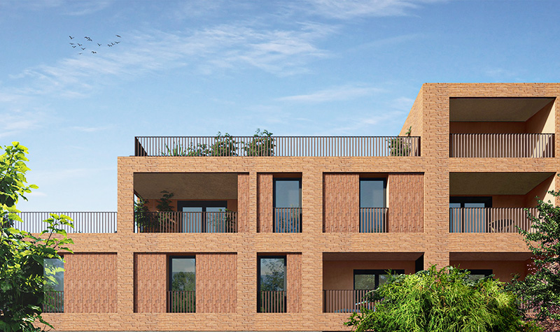 Perspective 3d zoomé d'une façade brique en escalier et terrasse toiture et alcôves rectangulaires dans le bâtiment