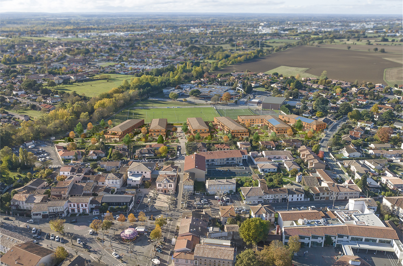 Perspective 3D aérienne sur l''ensemble des bâtiment brique et tuile, la végétation continue depuis la coulée verte