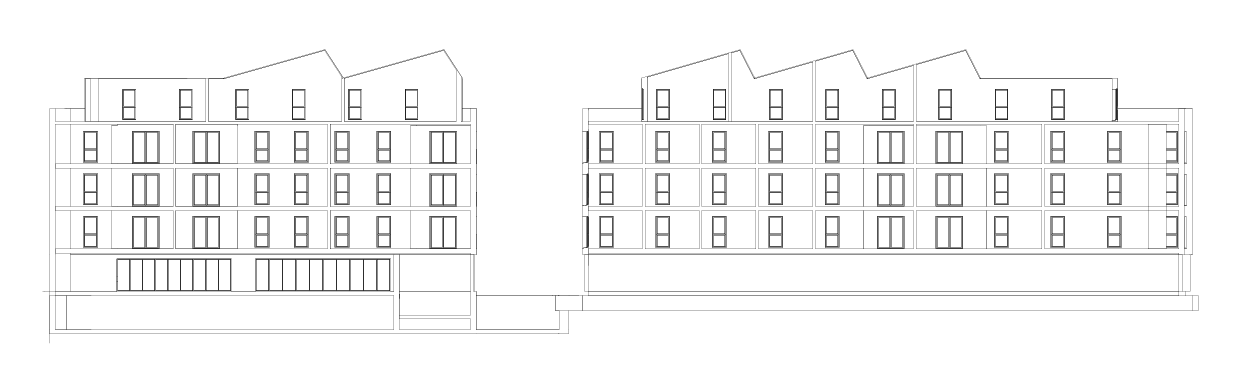 Dessin au trait minimaliste noir et blanc, de 2 volumes sur 4 étages avec un passage entre