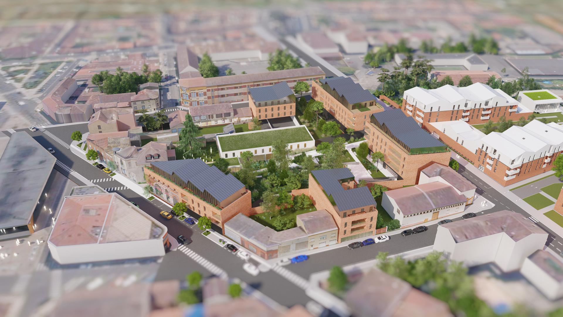 Perspective 3d aérienne vue sur les logements et son centre végétalisé au coeur de la ville de Montauban