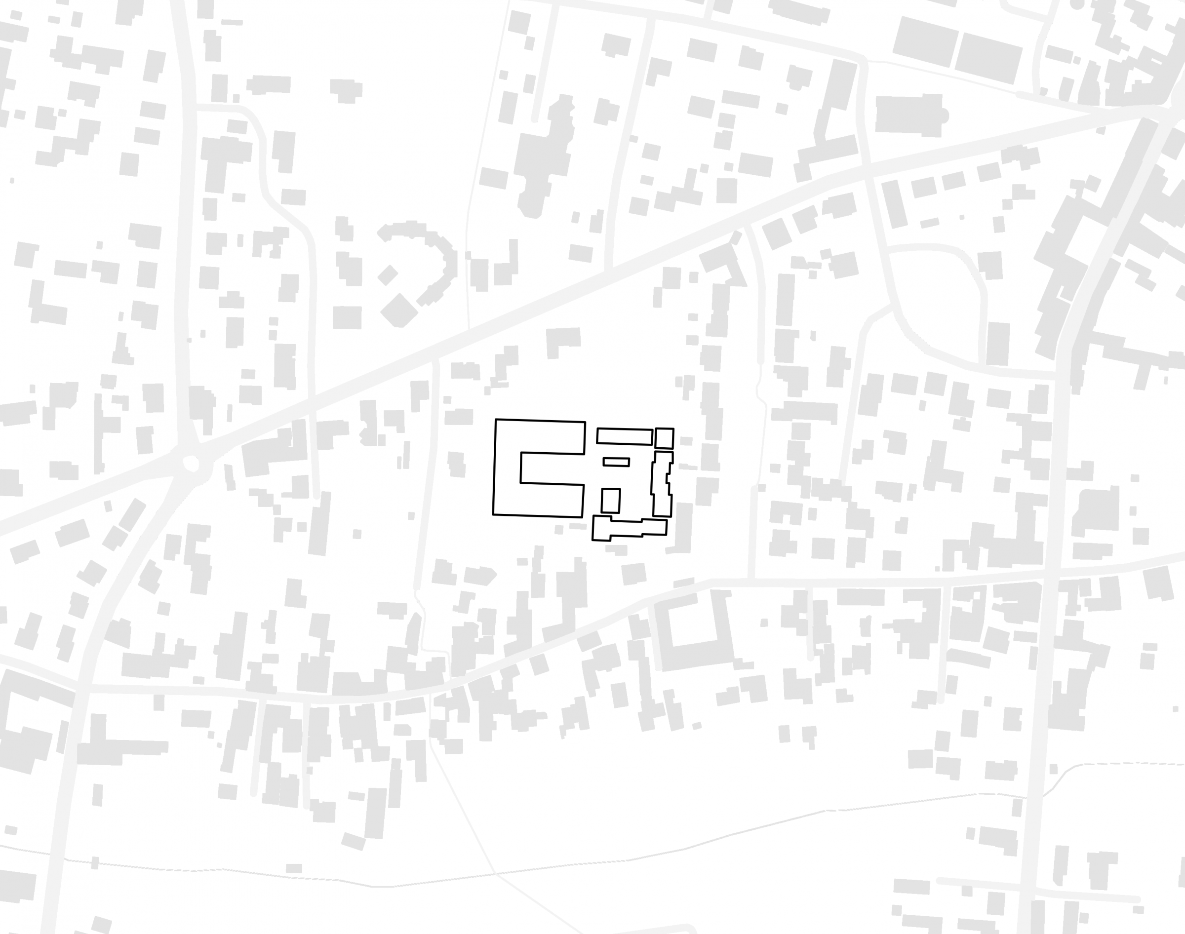 Plan de masse minimaliste noir gris et blanc de l'RSS de aigrefeuille d'Aunis; un bâitment principal en U et en face plusieurs volumes encadrant une zone protégée de l'exterieur