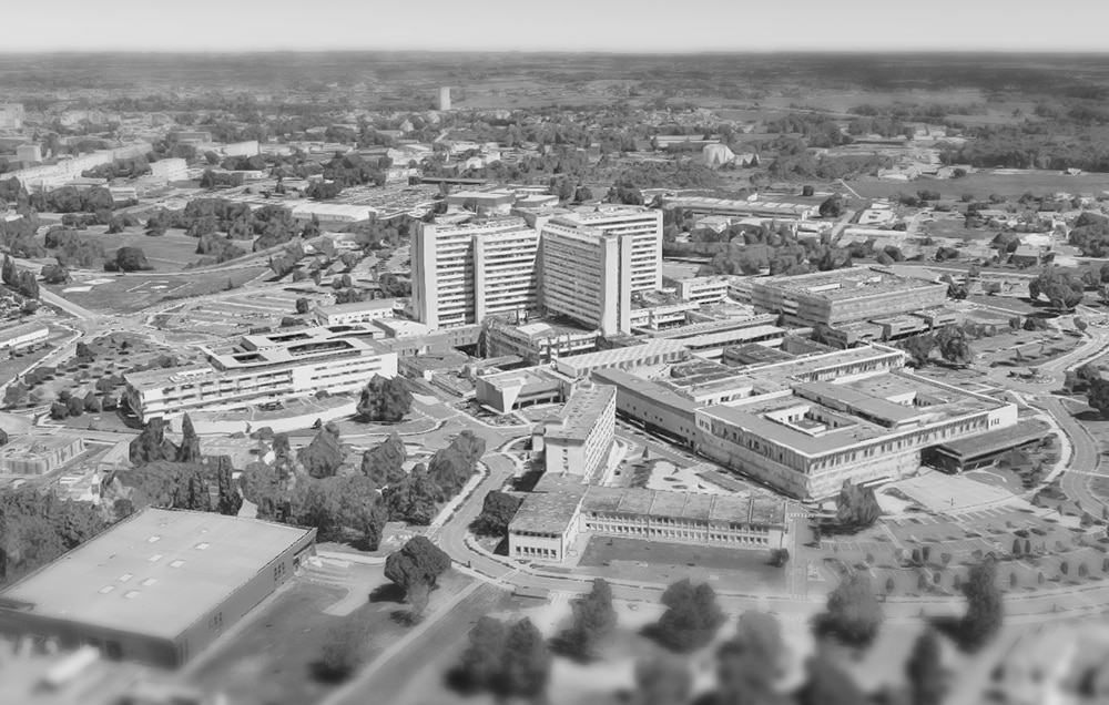 Image aerienne google map traité en noir et blanc, vue sur l'horizon flou, grand et ancien complexe hospitalier