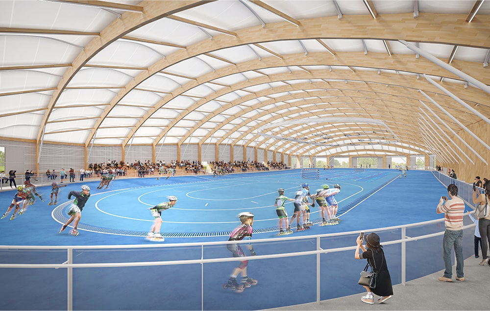 Perspective 3D intérieure d'une course dans le patinodrome, toiture alvéolé blanche soutenu par des longues poutres voutée en bois