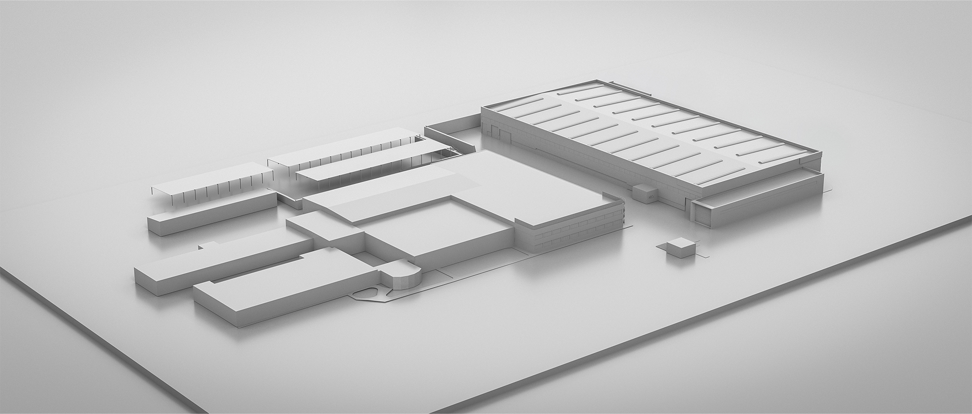 Perspective 3d aérienne en niveau de gris maquette blanche, le hall industriel se démarque parmis les autres volumes