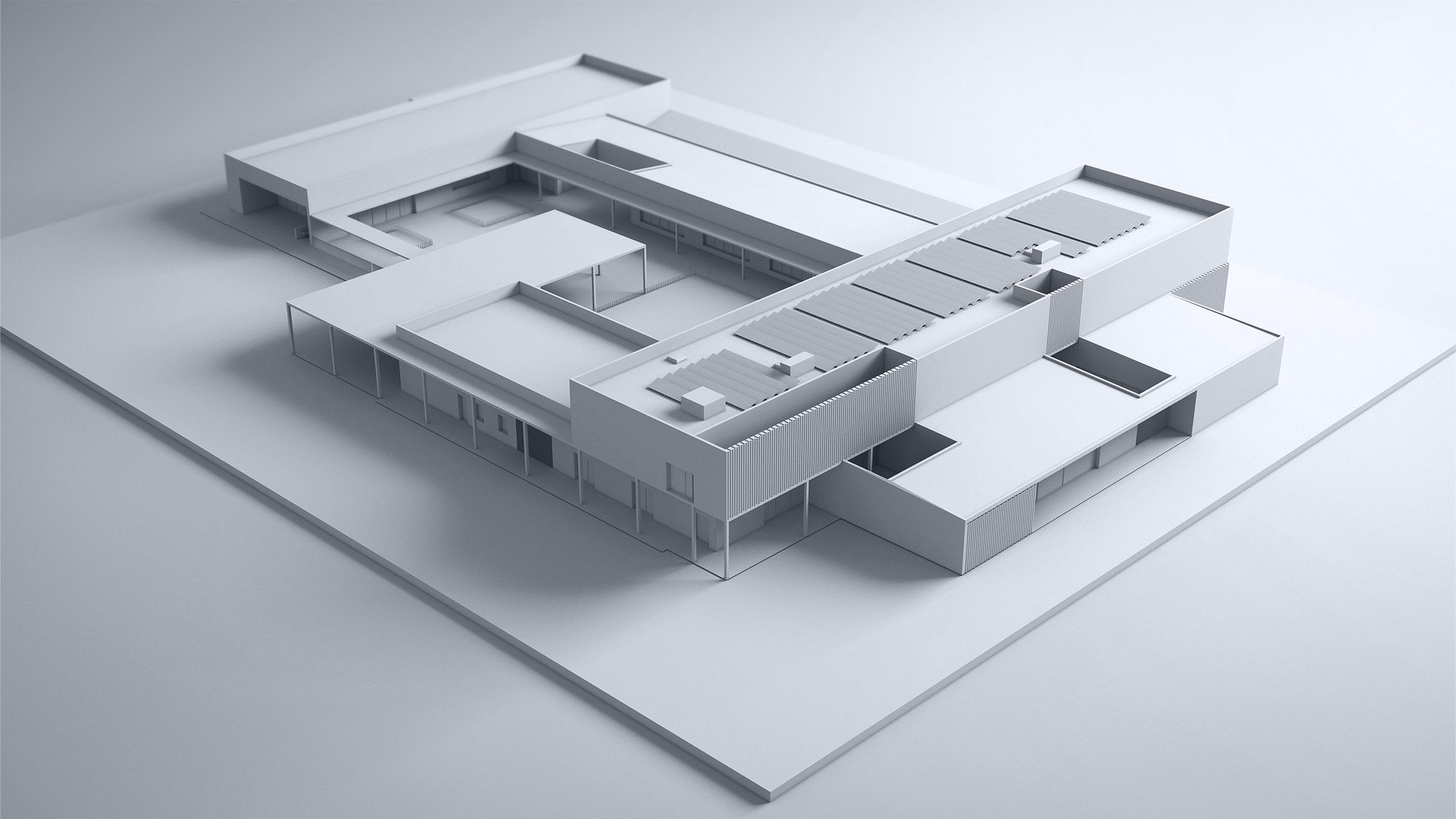 Perspective 3D aérienne niveau de gris style maquette blanche, ensemble rectangulaire avec cours au milieu et un volume R+1 tout en longueur face au parvis et juste aprés la cours d'école, panneaux solaires sur le R+1