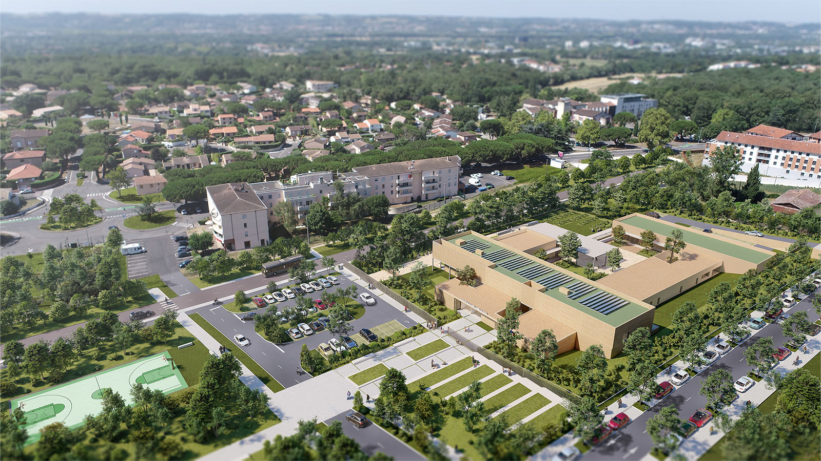 Perspective 3D aérienne du groupe scolaire dans un lieu résidentiel et habité, plusieurs axes de circulation l'entourent, le bâtiment a une architecture et des matériaux contemporains comparé au contexte plus classique en prenant par exemple parti pris de ne pas utliser la tuile, ni de pentes en toiture