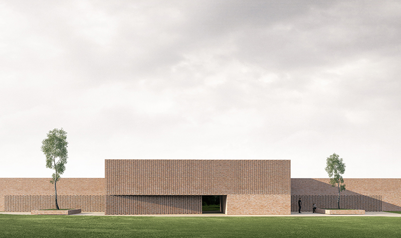 Perspective 3D du groupe scolaire de Verfeil tout en brique couleur sable et moucharabieh, le volume qui se détache est l'entrée et l'accueil du bâtiment sur le côté