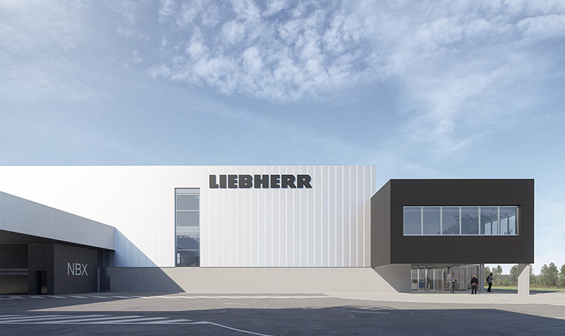 Perspective 3D du bâtiment de Liebherr, bardage métallique vertical et gris anthracite, soubassement en gris béton