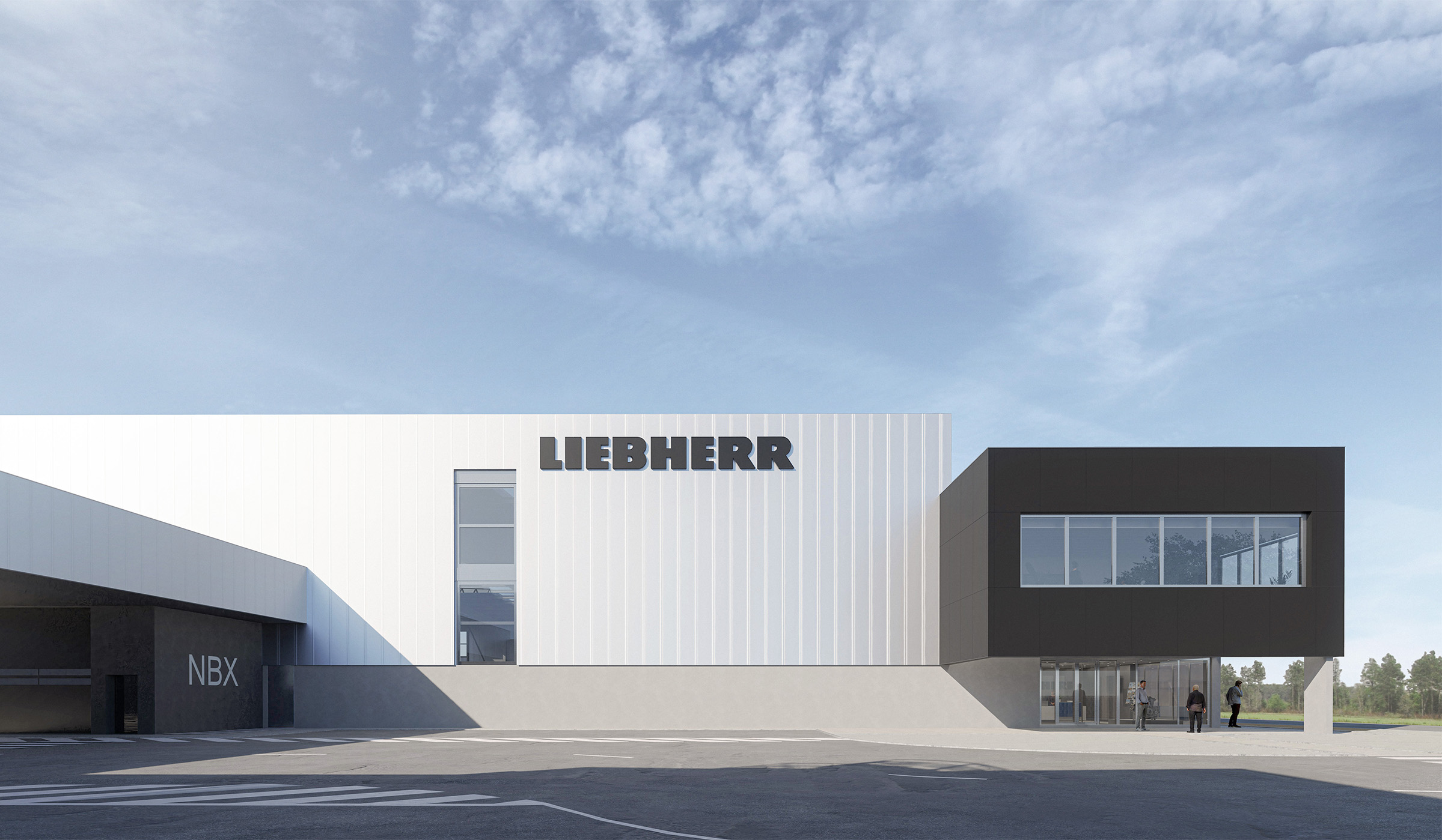 Perspective 3D du bâtiment de Liebherr, bardage métallique vertical et gris anthracite, soubassement en gris béton