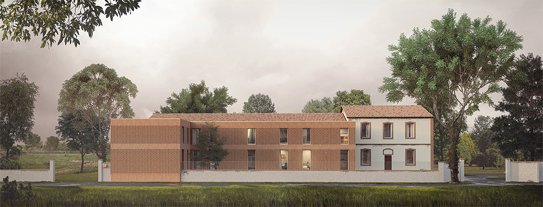 Perspective 3D d'une façade projeté à côté d'une maison existante toulousaine, une nouvelle enveloppe en moucharabieh côté rue